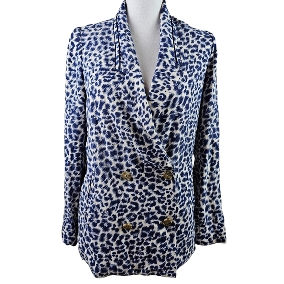 Cartonnier Anthropologie Blue and White Cheetah Print Double Breasted Blazer S - Picture 2 of 8